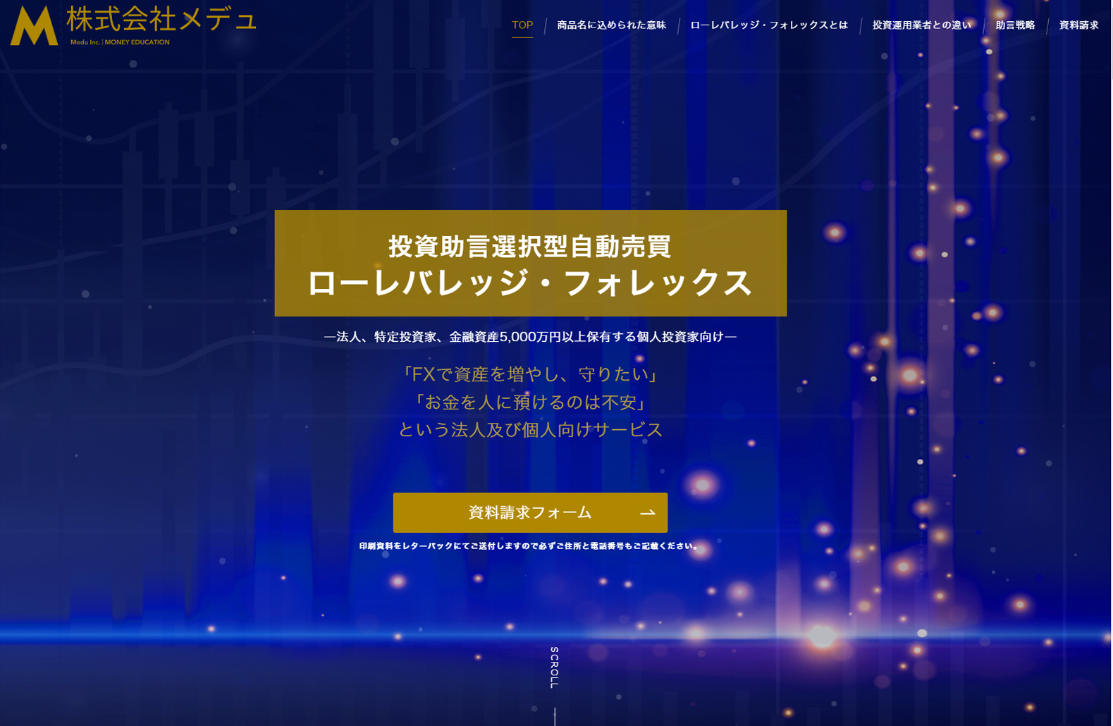 ローレバレッジ・フォレックス｜投資助言選択型自動売買―法人、特定投資家、金融資産5,000万円以上保有する個人投資家向け― | 株式会社メデュ